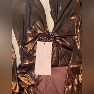 OH POLLY LONG SLEEVE METALLIC JERSEY EVENING GOWN IN COPPER BRONZE